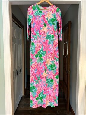 Lilly Pulitzer 3/4 Sleeve Round Neck Jersey Colorful Print Maxi Dress Sz S
